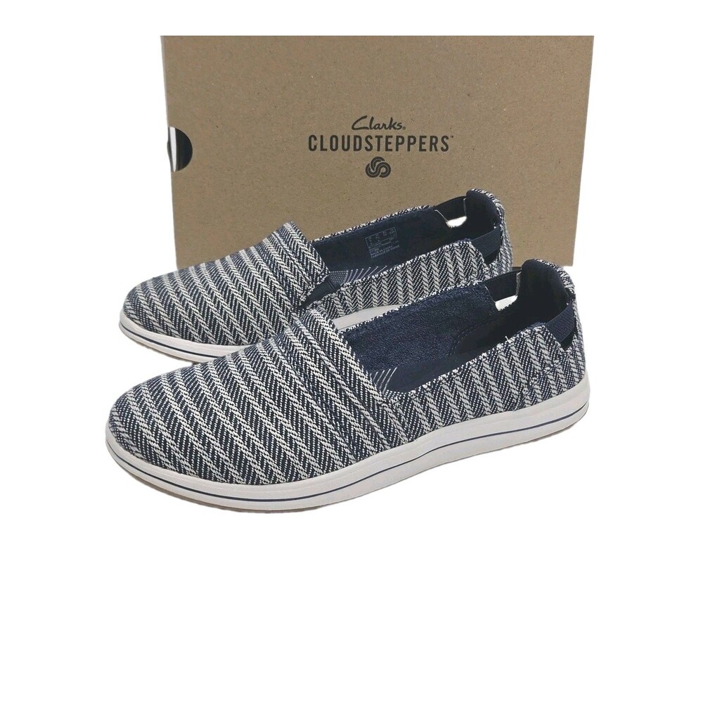 Clarks Shoe Breeze Step II Slip On Women Sz 7.5 Navy White Cloudsteppers NEW